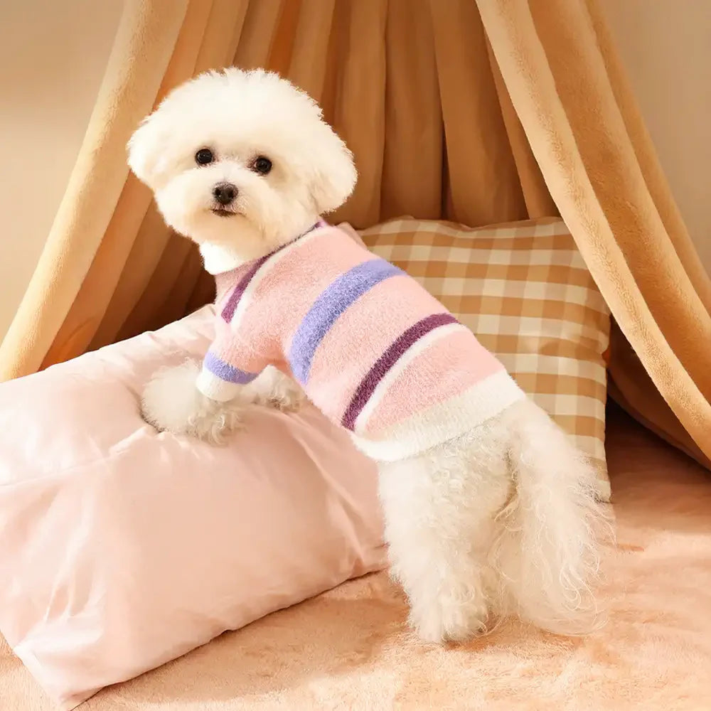 Pull pour chien teckel en fausse fourrure de vison à rayures et coloris bloc, chaud, adapté pour chiots.