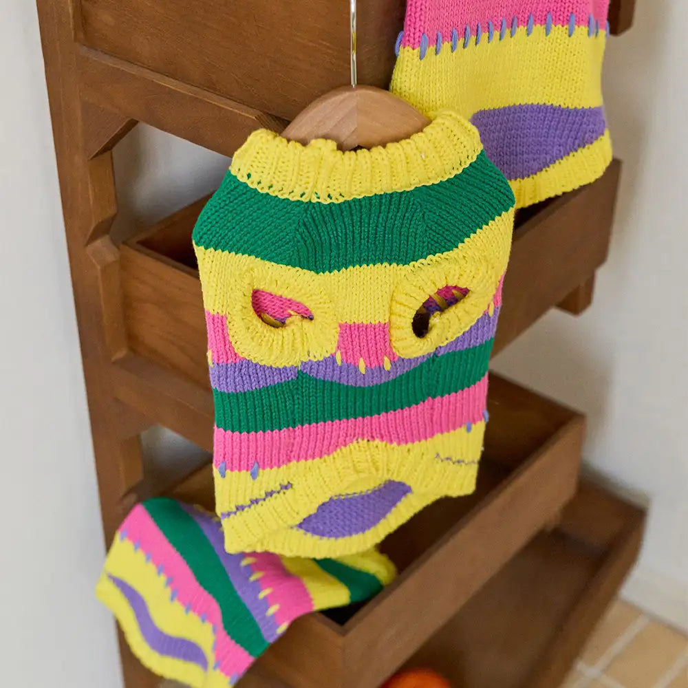 Pull sans manches pour chien en dachshund à rayures avec blocs de couleur