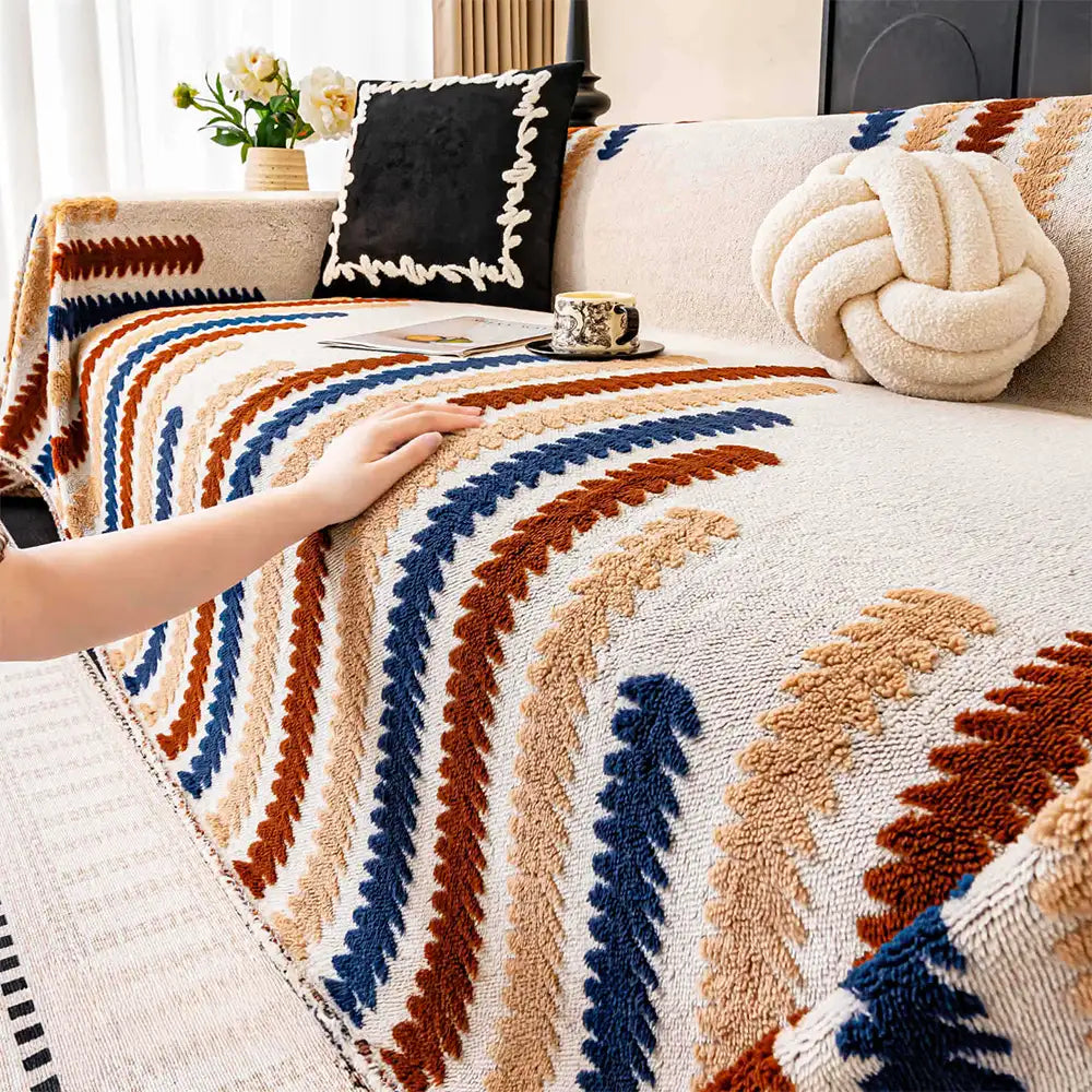 Housse de canapé en peluche anti-rayures colorée avec blocs de couleur