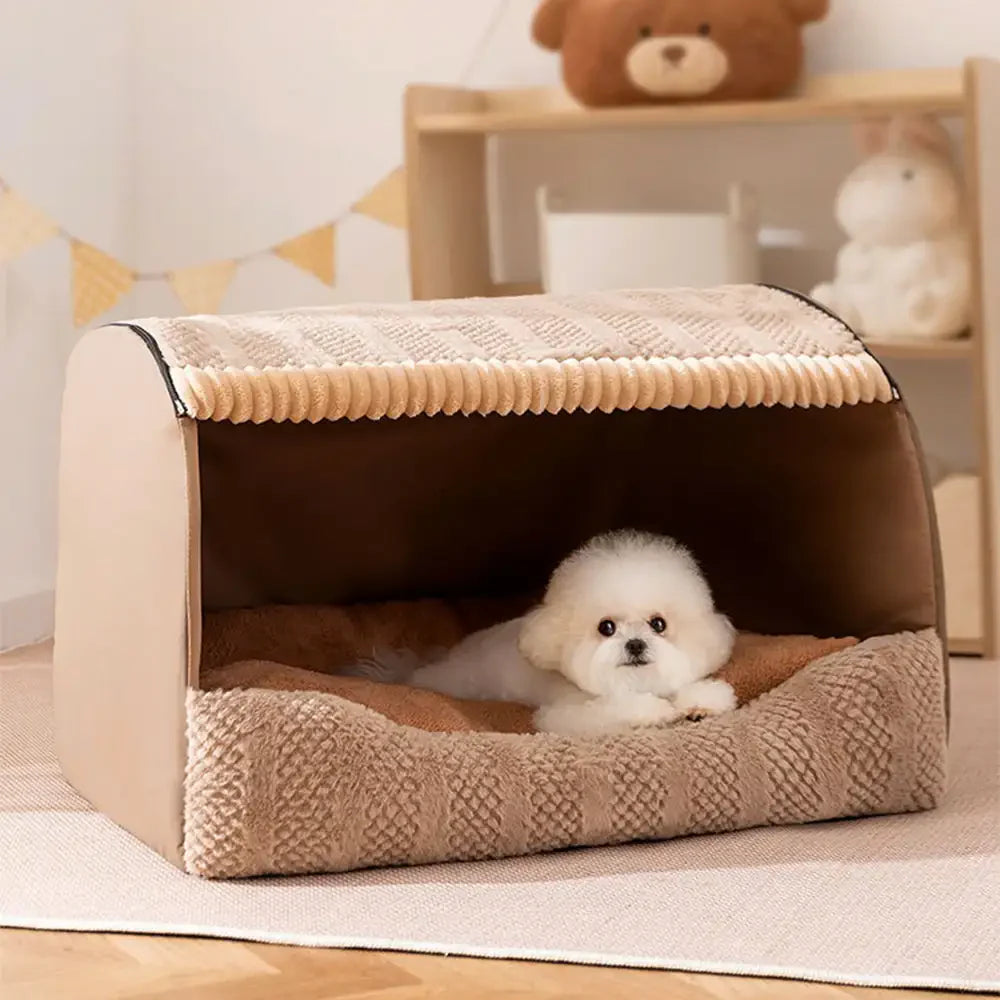 Lit pour chien semi-fermé portable Cozy Cabin avec toit, isolant et durable