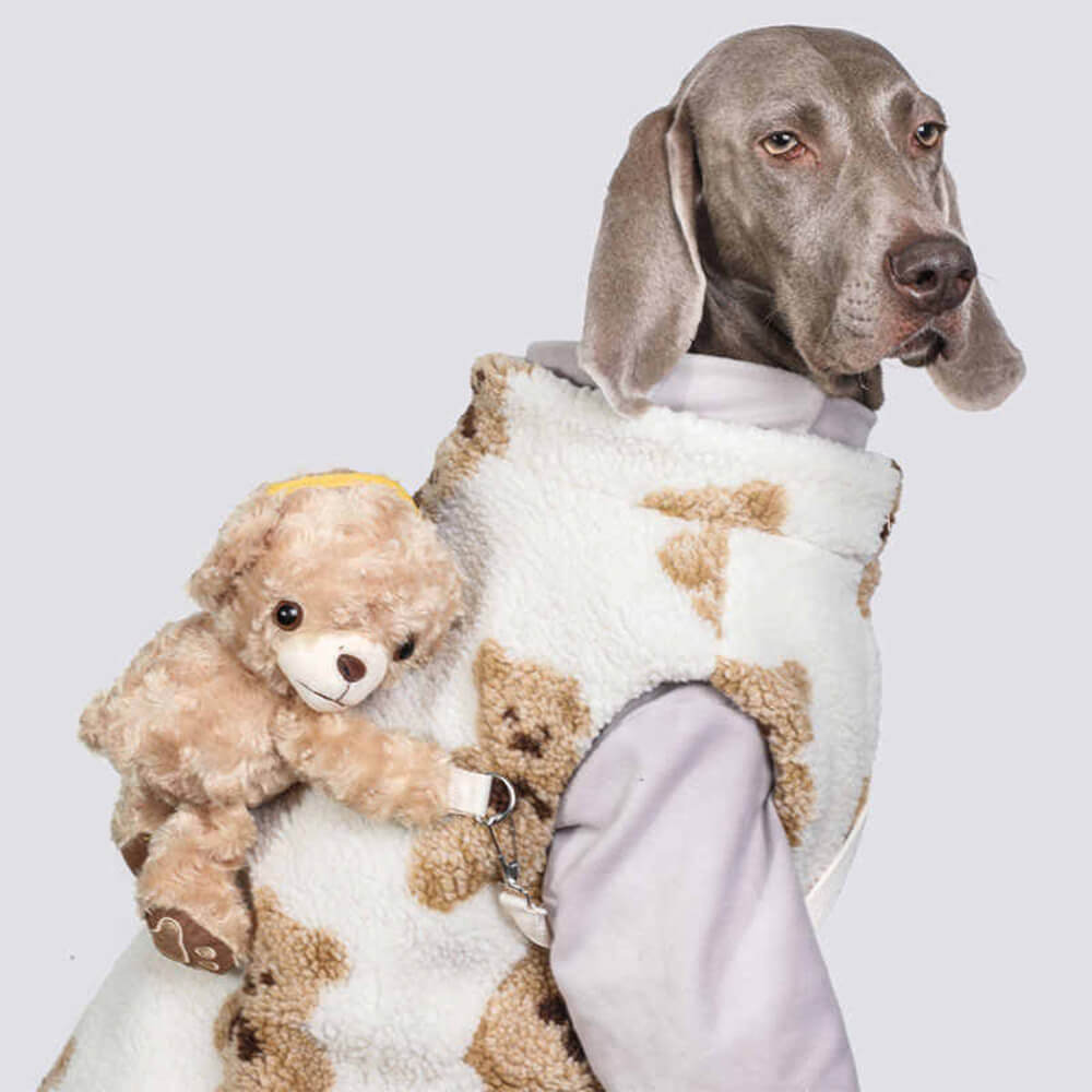 Veste chaude et durable pour chien en fausse laine d'agneau avec sac à dos ours en peluche