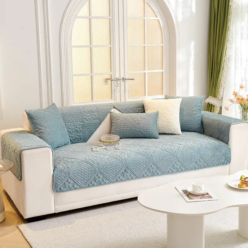 Housse de canapé douce en peluche matelassée antidérapante motif géométrique en relief