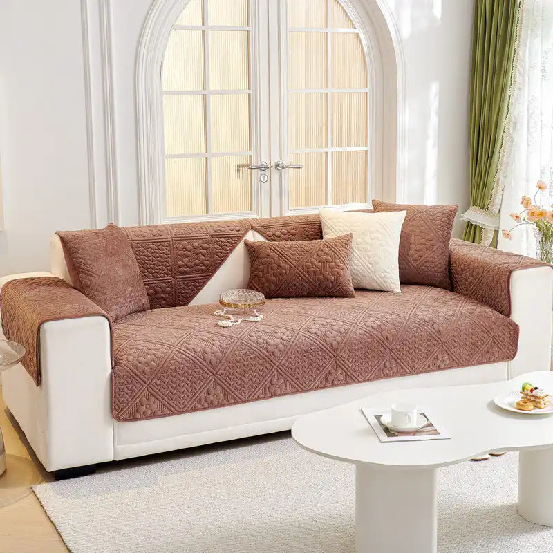 Housse de canapé douce en peluche matelassée antidérapante motif géométrique en relief