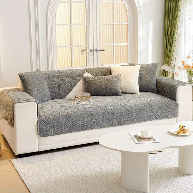 Housse de canapé douce en peluche matelassée antidérapante motif géométrique en relief