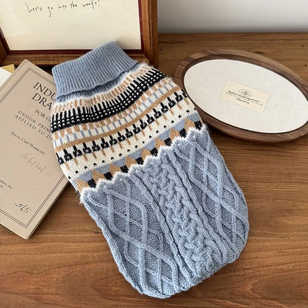 Pull en lin tricoté avec motif Fair Isle et col classique pour chien