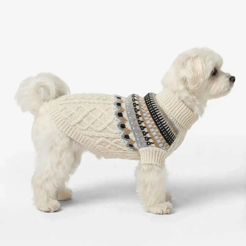 Pull en lin tricoté avec motif Fair Isle et col classique pour chien
