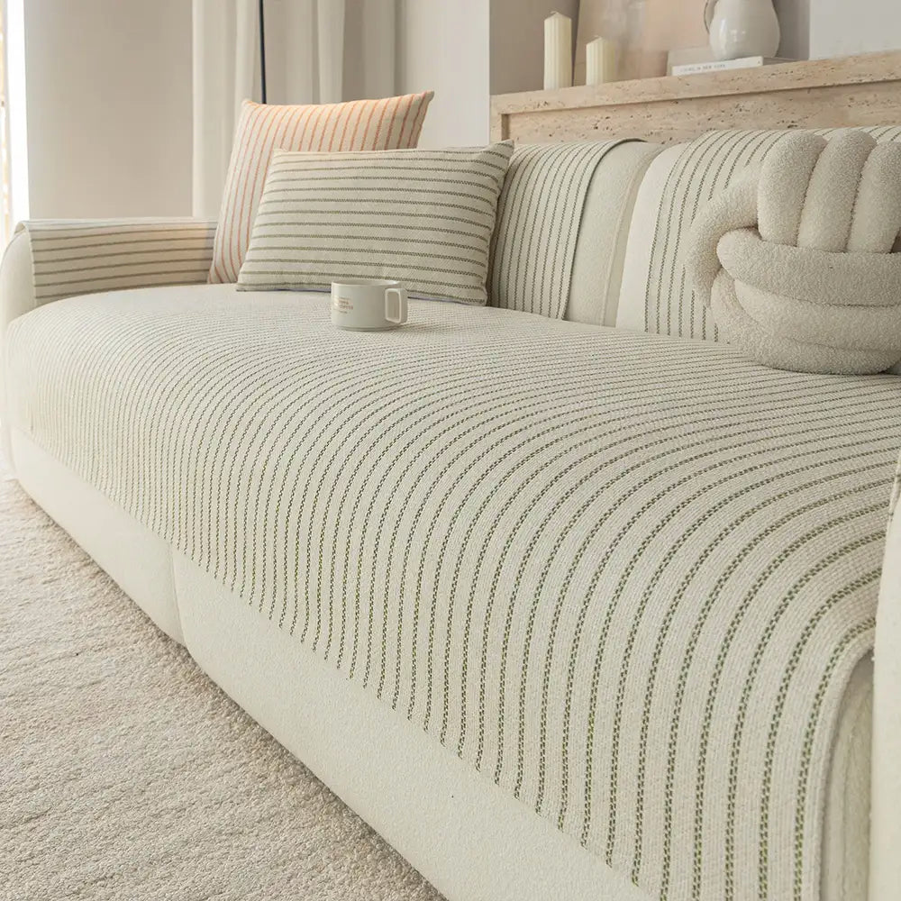 Housse de canapé en chenille rayée en faux coton-lin, respirante et résistante aux griffures.