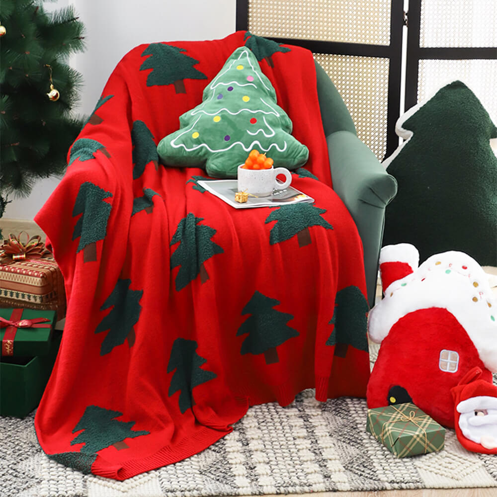 Couverture tricotée avec motif de sapin de Noël festif et coussin