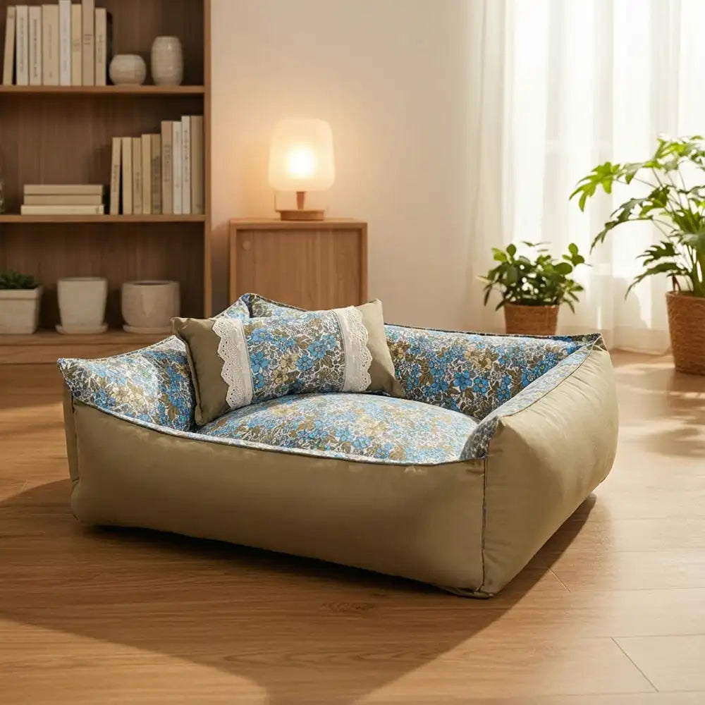 Lit pour chien anti-statique lavable, imprimé floral, toutes saisons.