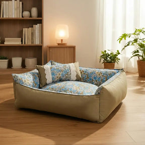 Lit pour chien anti-statique lavable, imprimé floral, toutes saisons.