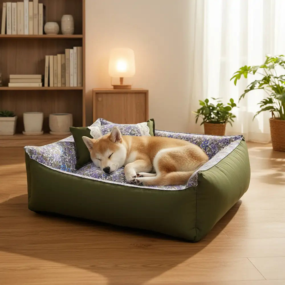 Lit pour chien anti-statique lavable, imprimé floral, toutes saisons.