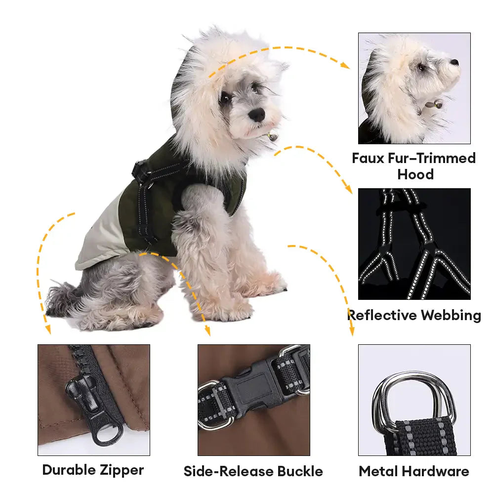 Manteau chaud pour chien avec capuche en fourrure et boucle pour laisse
