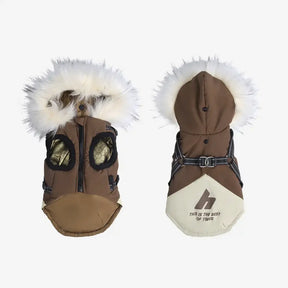 Manteau chaud pour chien avec capuche en fourrure et boucle pour laisse