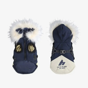 Manteau chaud pour chien avec capuche en fourrure et boucle pour laisse