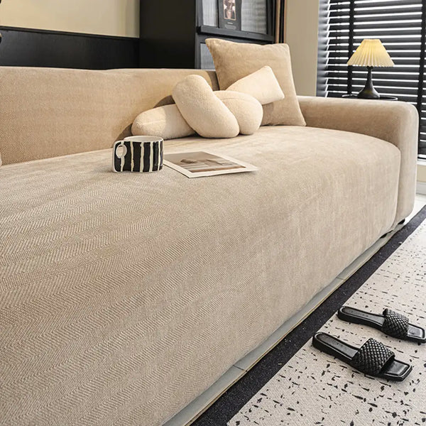 Housse de canapé extensible 3 place en tissu chevrons, pleine couverture, confortable et résistante aux griffures.
