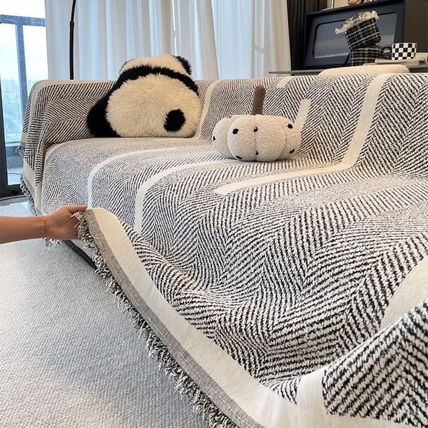 Jeté de canapé housse de canapé en chenille à franges motif chevron