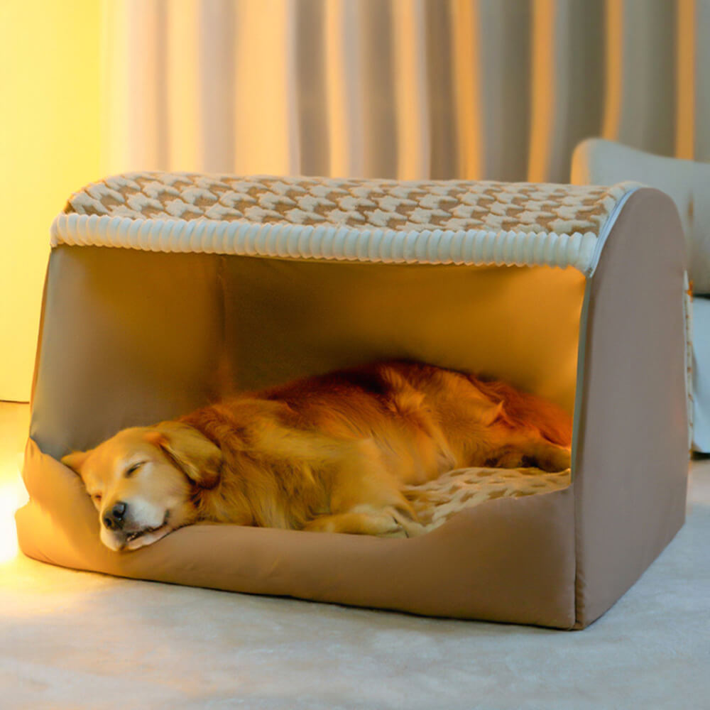 Lit pour chien grand format semi-ouvert amovible et lavable en tissu pied-de-poule