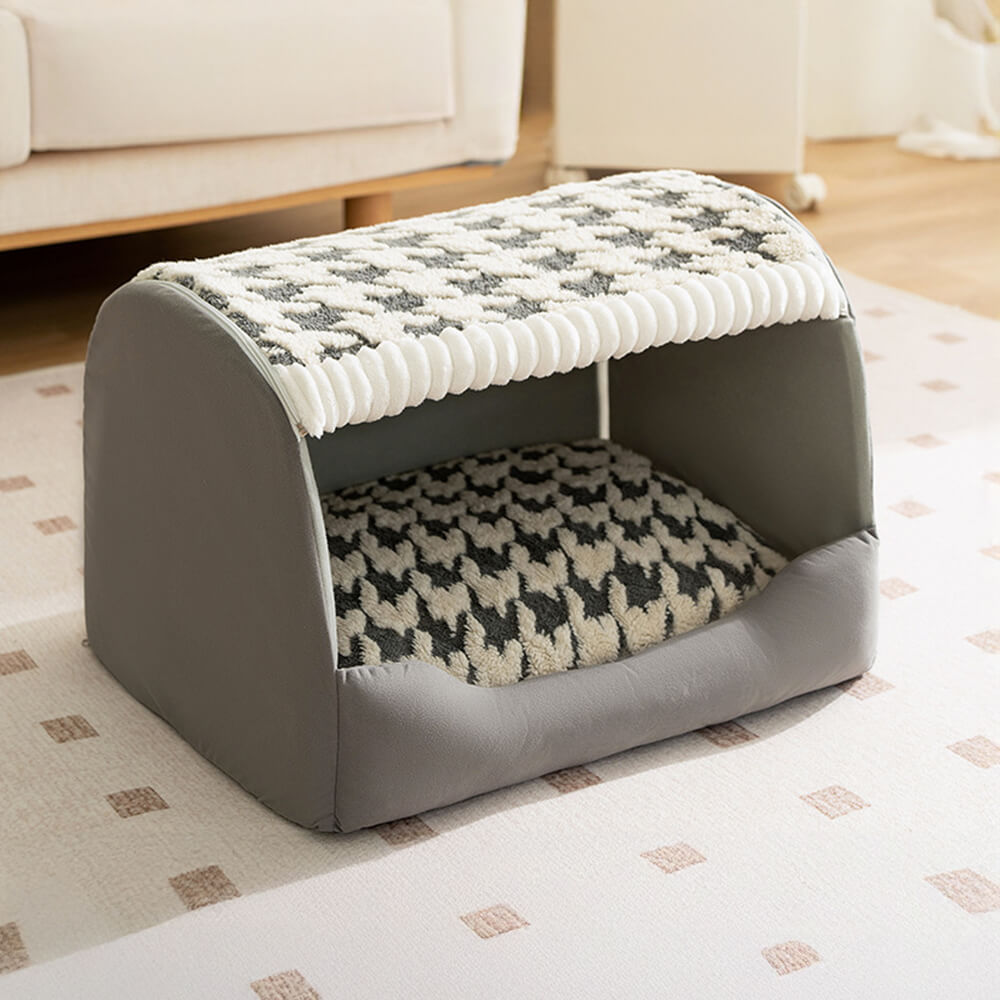 Lit pour chien grand format semi-ouvert amovible et lavable en tissu pied-de-poule