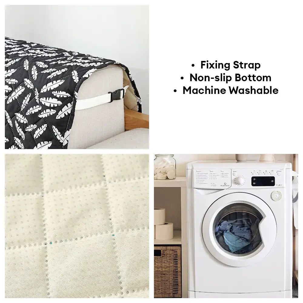 Housse de canapé matelassée une pièce avec motif feuilles et sangles élastiques antidérapantes
