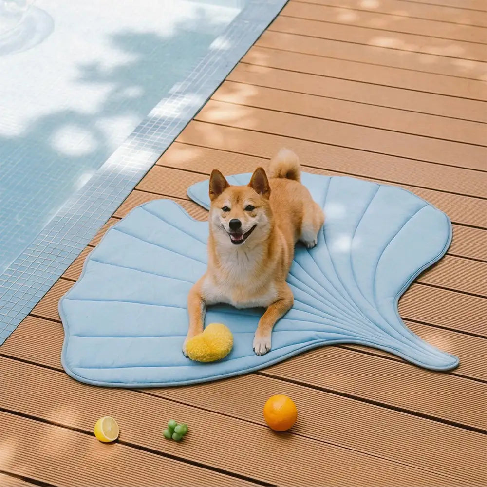 Tapis pour chien et chat en tissu rafraîchissant en forme de feuille, absorbant la chaleur, confortable et antidérapant.