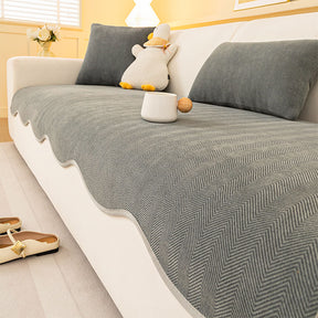 Housse canapé chenille chevrons minimaliste antidérapante bords ondulés