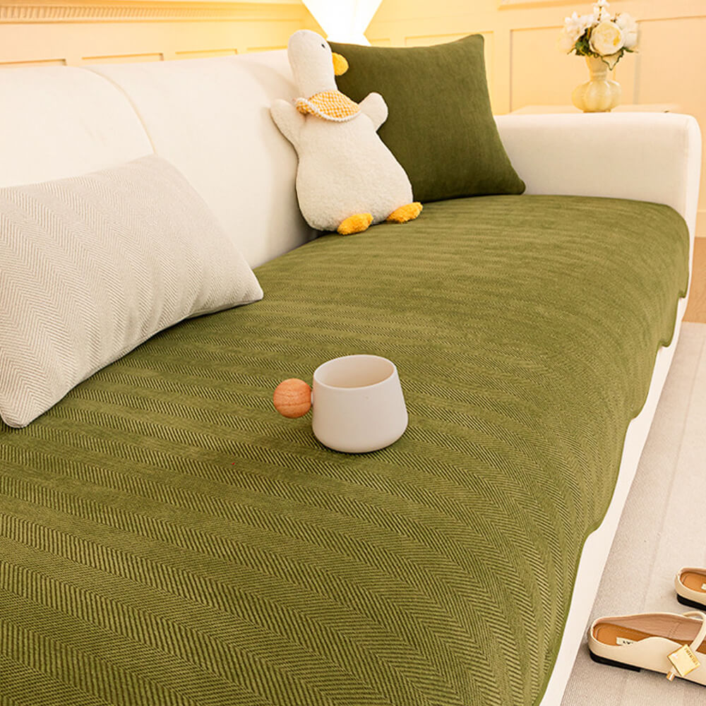 Housse canapé chenille chevrons minimaliste antidérapante bords ondulés