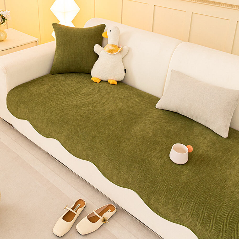 Housse canapé chenille chevrons minimaliste antidérapante bords ondulés