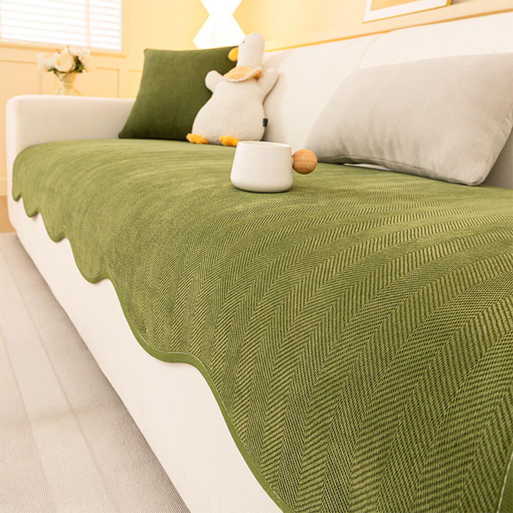 Housse canapé chenille chevrons minimaliste antidérapante bords ondulés