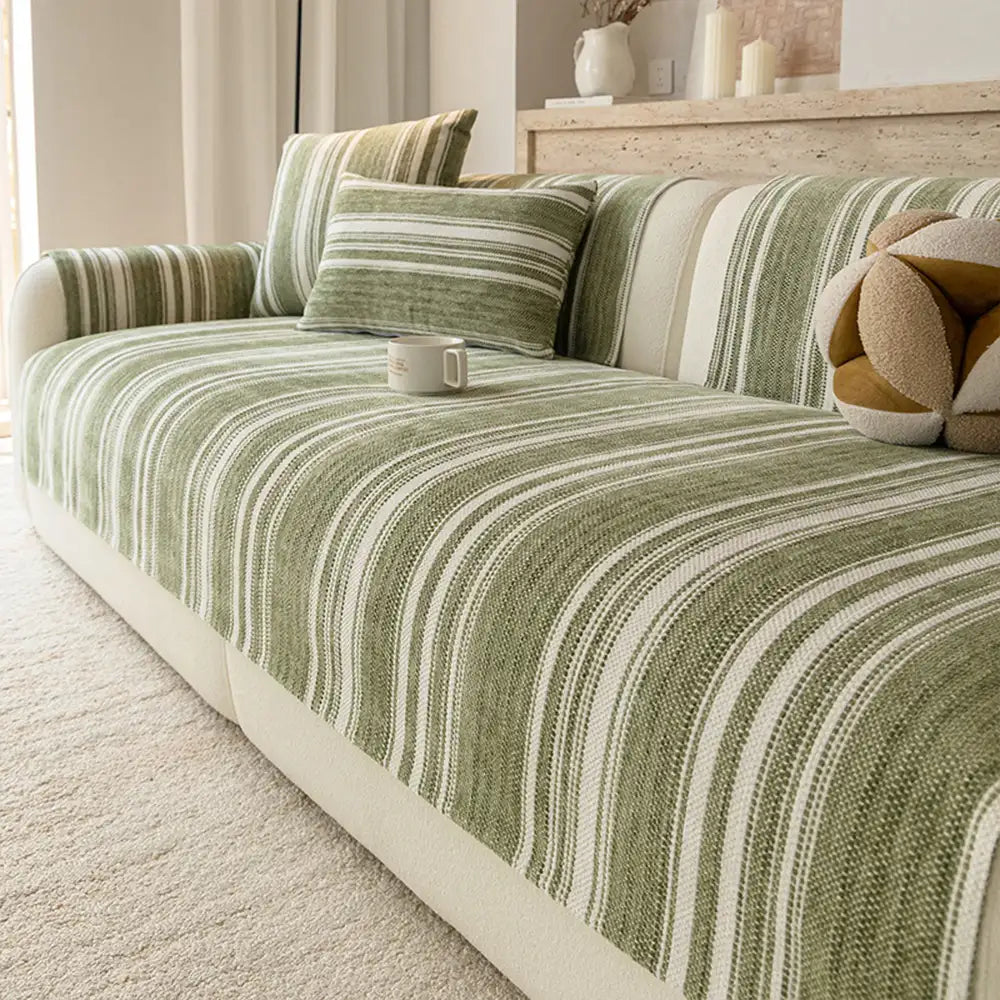 Housse canapé en chenille à rayures naturelles épaissie, lavable et antidérapante.