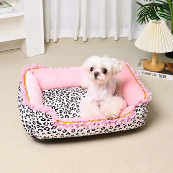Lit pour animal de compagnie princesse en imprimé léopard rose, amovible et lavable, toutes saisons.