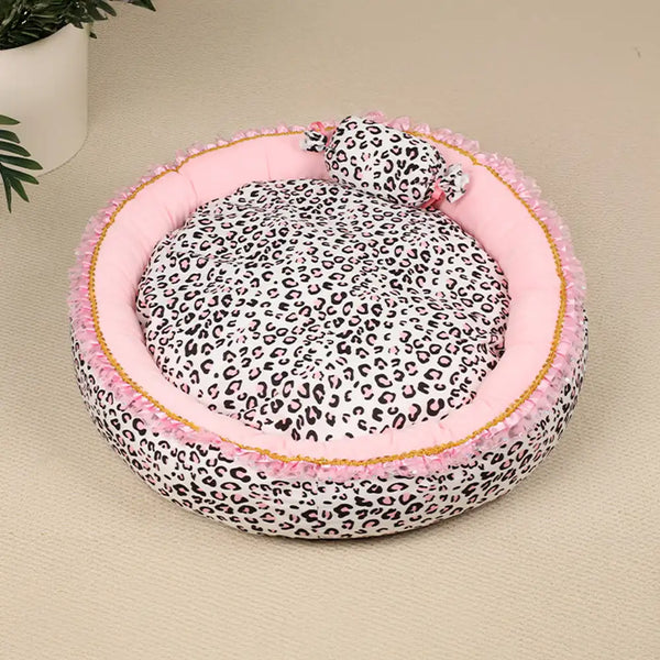 Lit pour animal de compagnie princesse en imprimé léopard rose, amovible et lavable, toutes saisons.