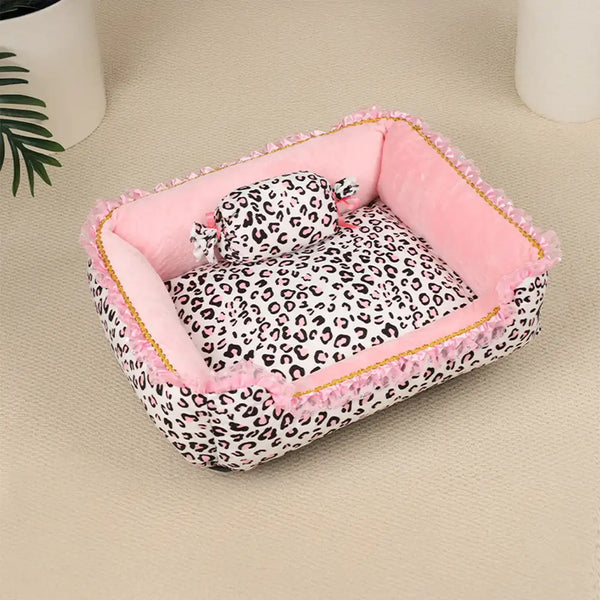 Lit pour animal de compagnie princesse en imprimé léopard rose, amovible et lavable, toutes saisons.