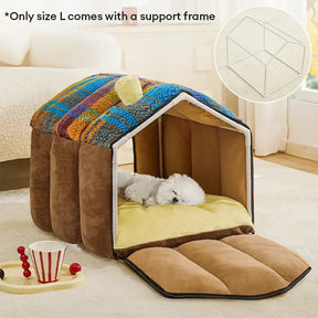 Lit pour chien et chat en forme de cave en plaid rétro chaleureux et douillet - Maison rétro