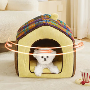 Lit pour chien et chat en forme de cave en plaid rétro chaleureux et douillet - Maison rétro