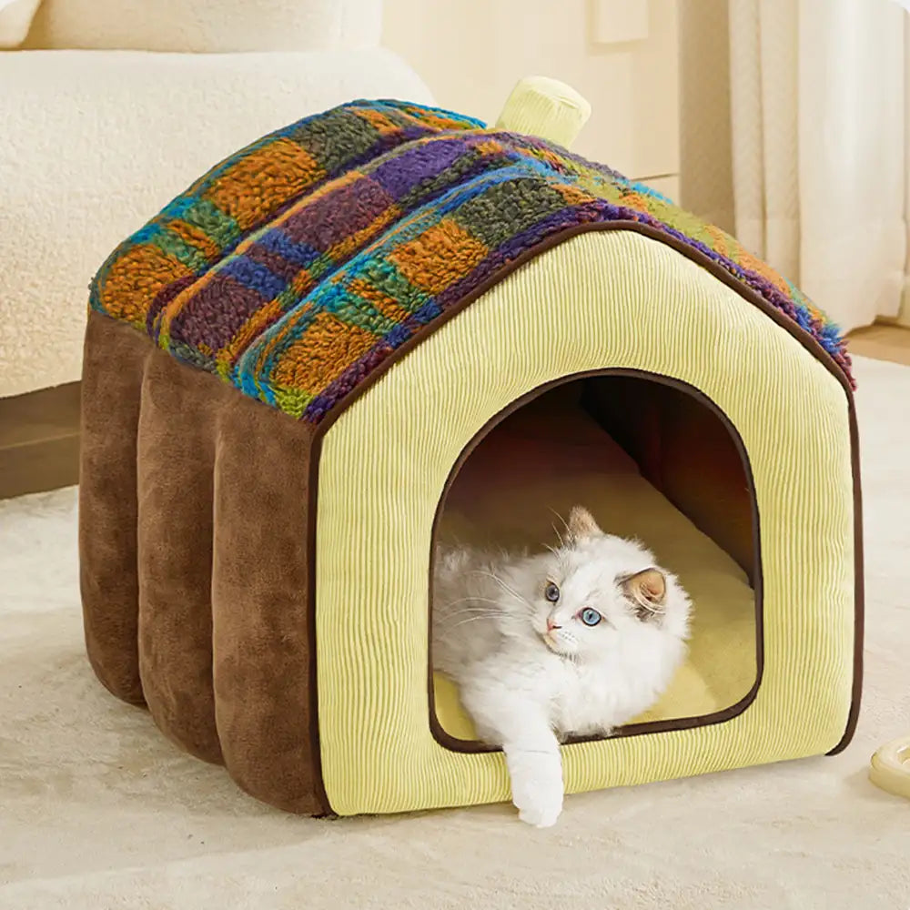 Lit pour chien et chat en forme de cave en plaid rétro chaleureux et douillet - Maison rétro