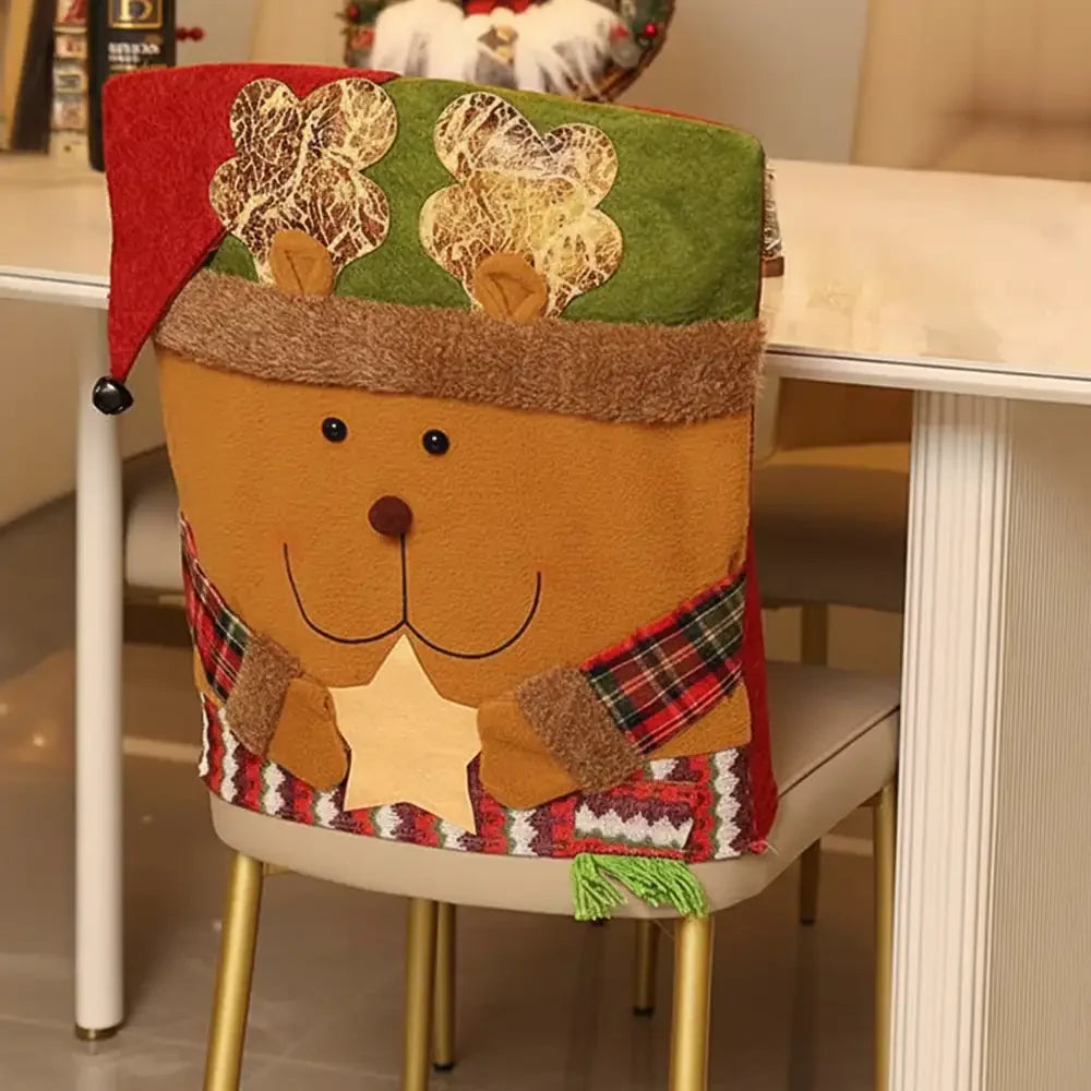 Housse de dossier de chaise décorative de Noël ludique avec élan et bonhomme de neige