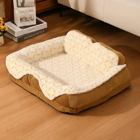 Lit pour animaux de compagnie en tissu jacquard contrasté en peluche avec support pour le cou.