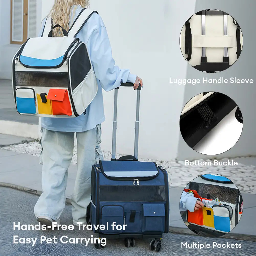 Sac à dos de transport portable à roulettes pour animaux de compagnie avec chariot détachable