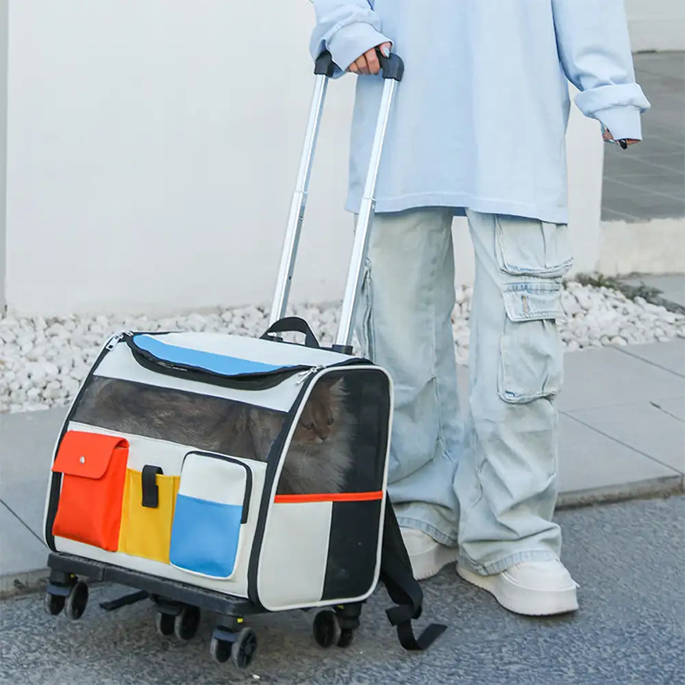 Sac à dos de transport portable à roulettes pour animaux de compagnie avec chariot détachable