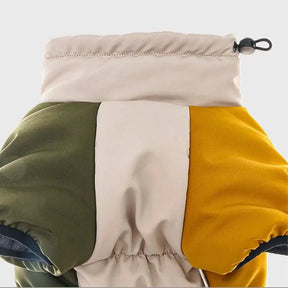 Manteau pour chien chaud en polaire à blocs de couleurs rétro avec boucle pour laisse.