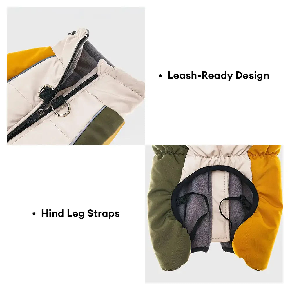 Manteau pour chien chaud en polaire à blocs de couleurs rétro avec boucle pour laisse.