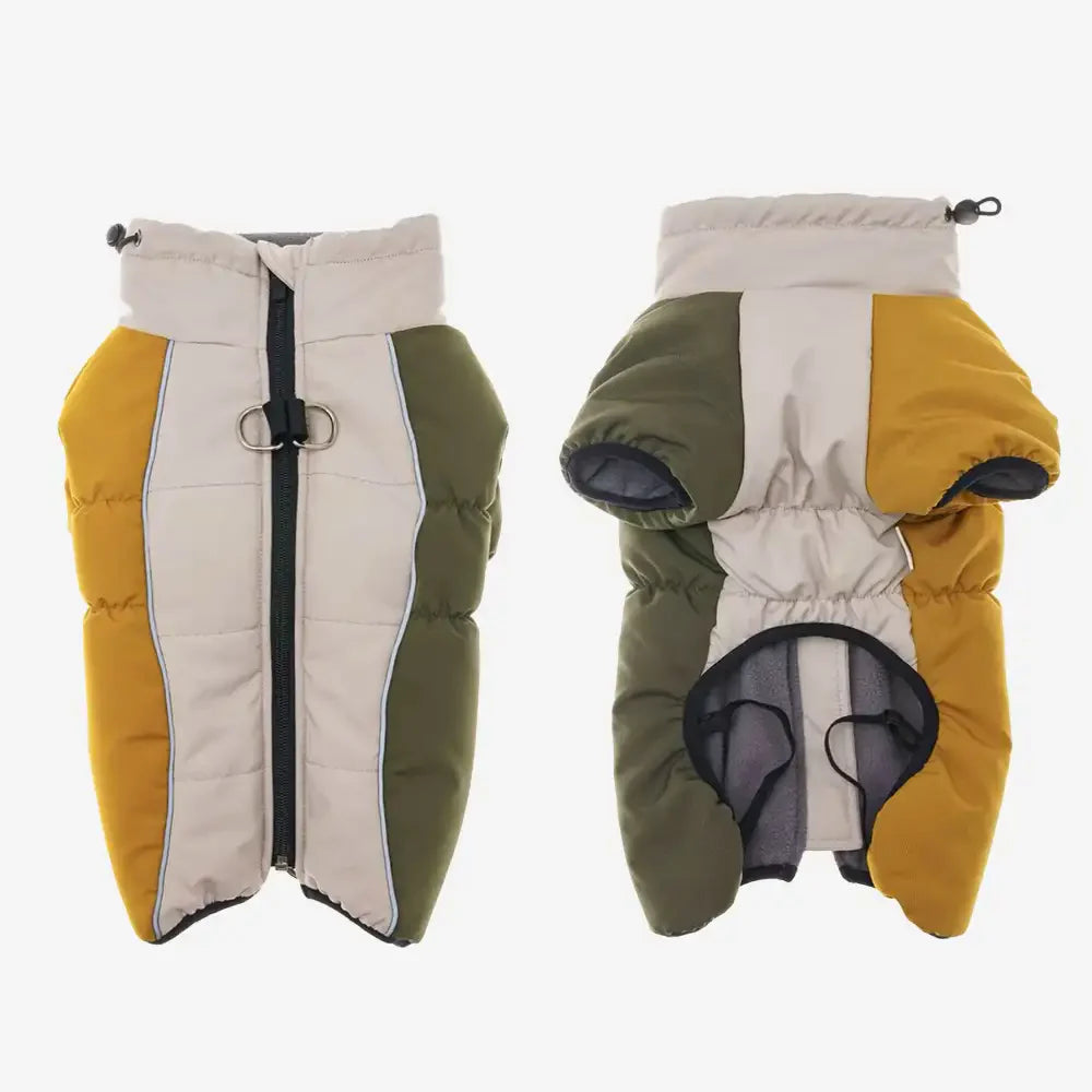 Manteau pour chien chaud en polaire à blocs de couleurs rétro avec boucle pour laisse.