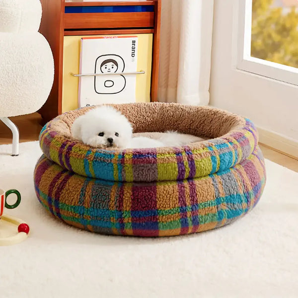Lit douillet en peluche rond pour chien avec bords surélevés - Lit pour câlins
