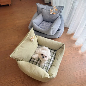 Canapé lit pour chien en velours côtelé à carreaux avec jouet