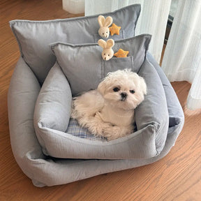 Canapé lit pour chien en velours côtelé à carreaux avec jouet