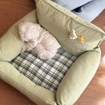 Canapé lit pour chien en velours côtelé à carreaux avec jouet