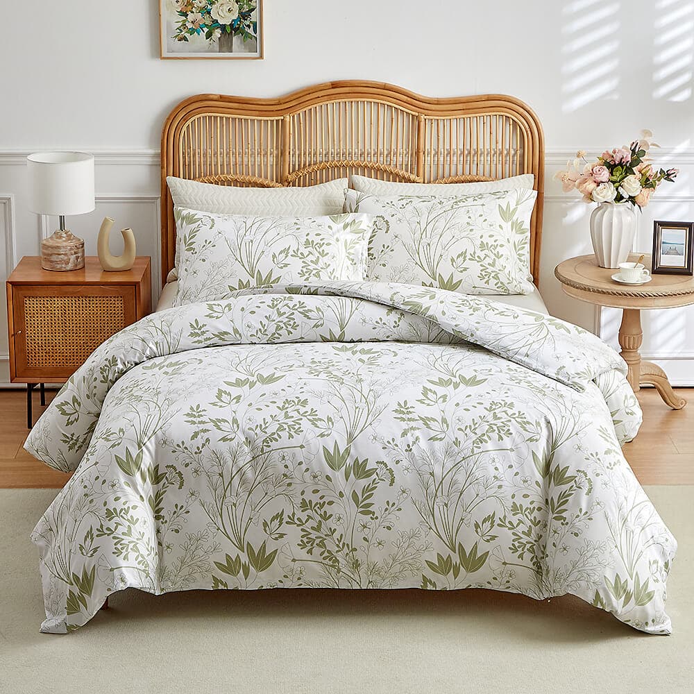 Housse de couette confortable avec taies d'oreiller en coton respirant à motif de feuilles simpliste et doux pour la peau