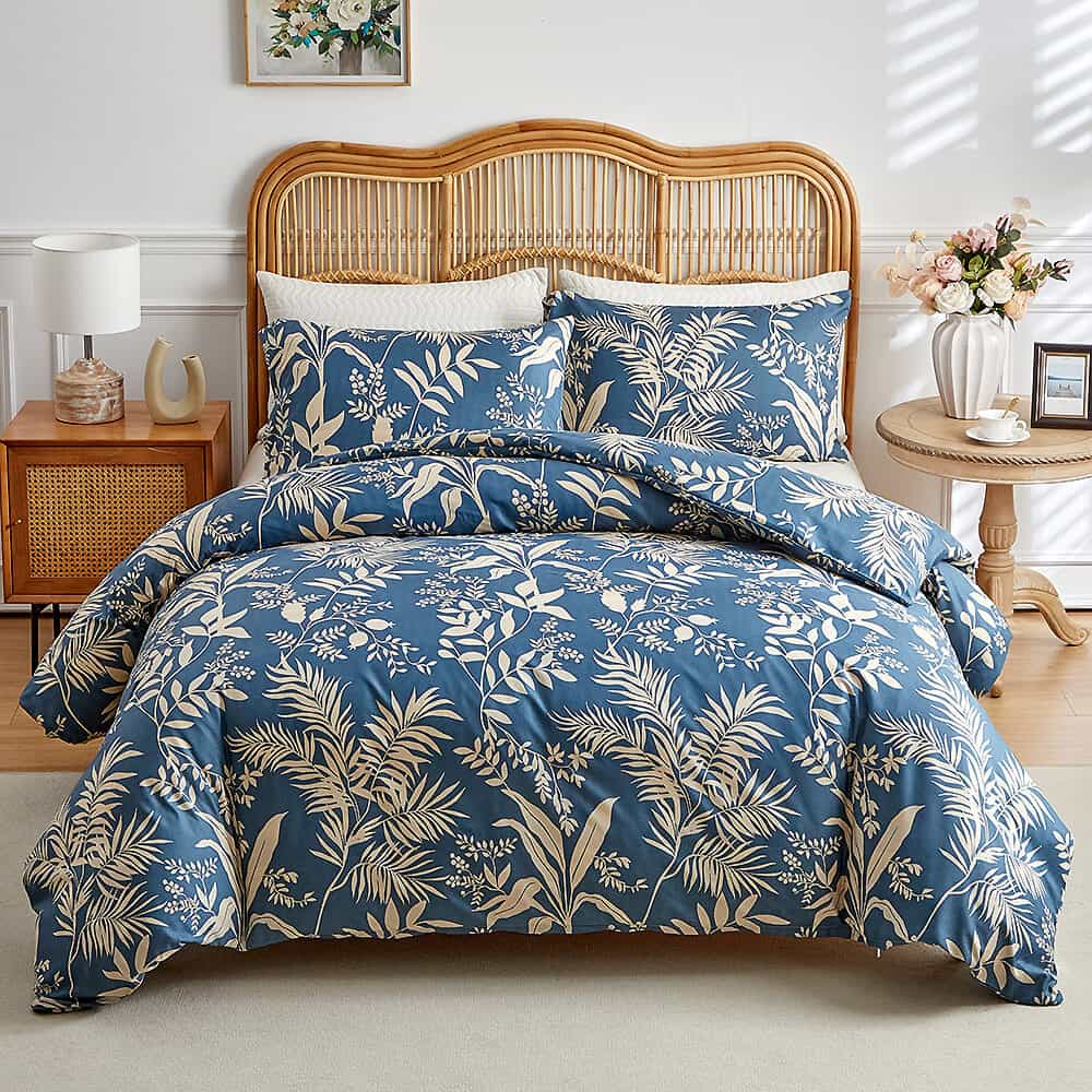 Housse de couette confortable avec taies d'oreiller en coton respirant à motif de feuilles simpliste et doux pour la peau