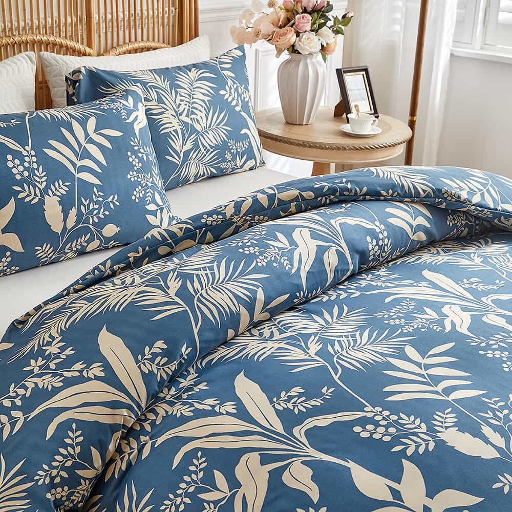 Housse de couette confortable avec taies d'oreiller en coton respirant à motif de feuilles simpliste et doux pour la peau