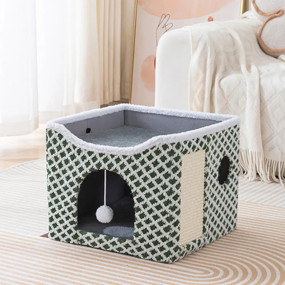 Maison chat en peluche douce pliable à deux niveaux avec griffoir